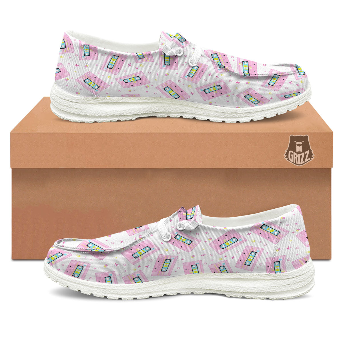 Pink Cassette Tape White Print Pattern White Loafers-grizzshop