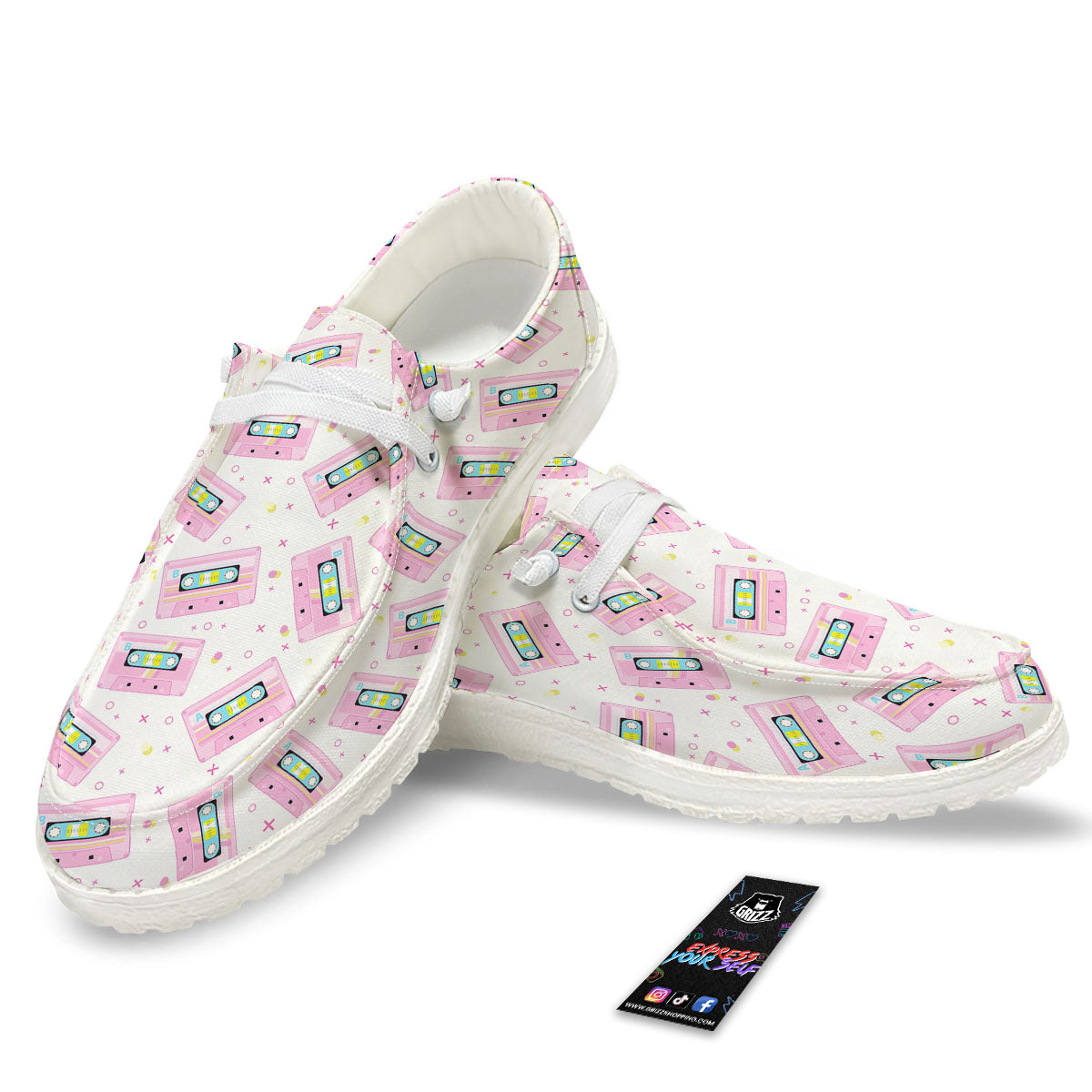 Pink Cassette Tape White Print Pattern White Loafers-grizzshop