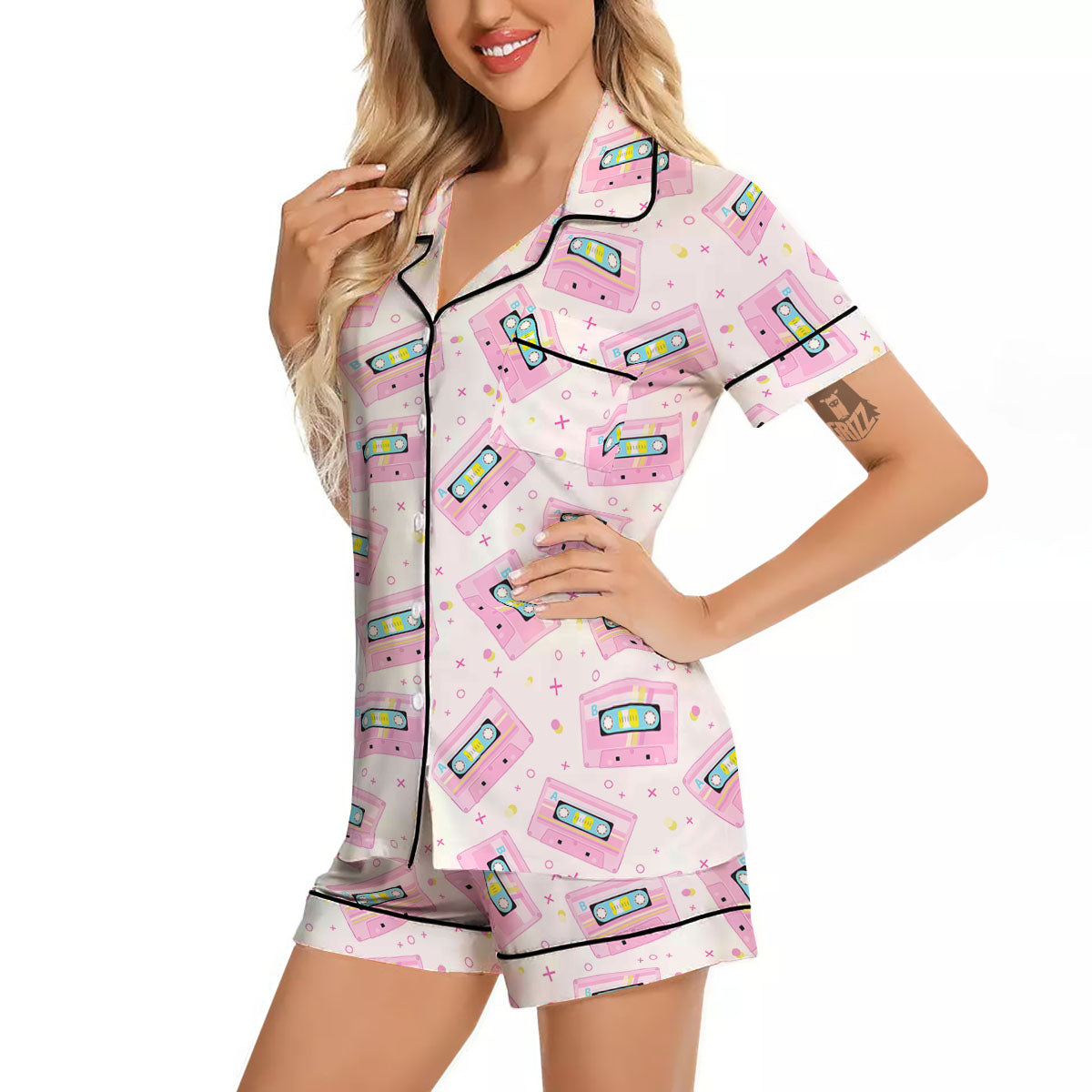 Pink Cassette Tape White Print Pattern Women Silk Pajamas-grizzshop