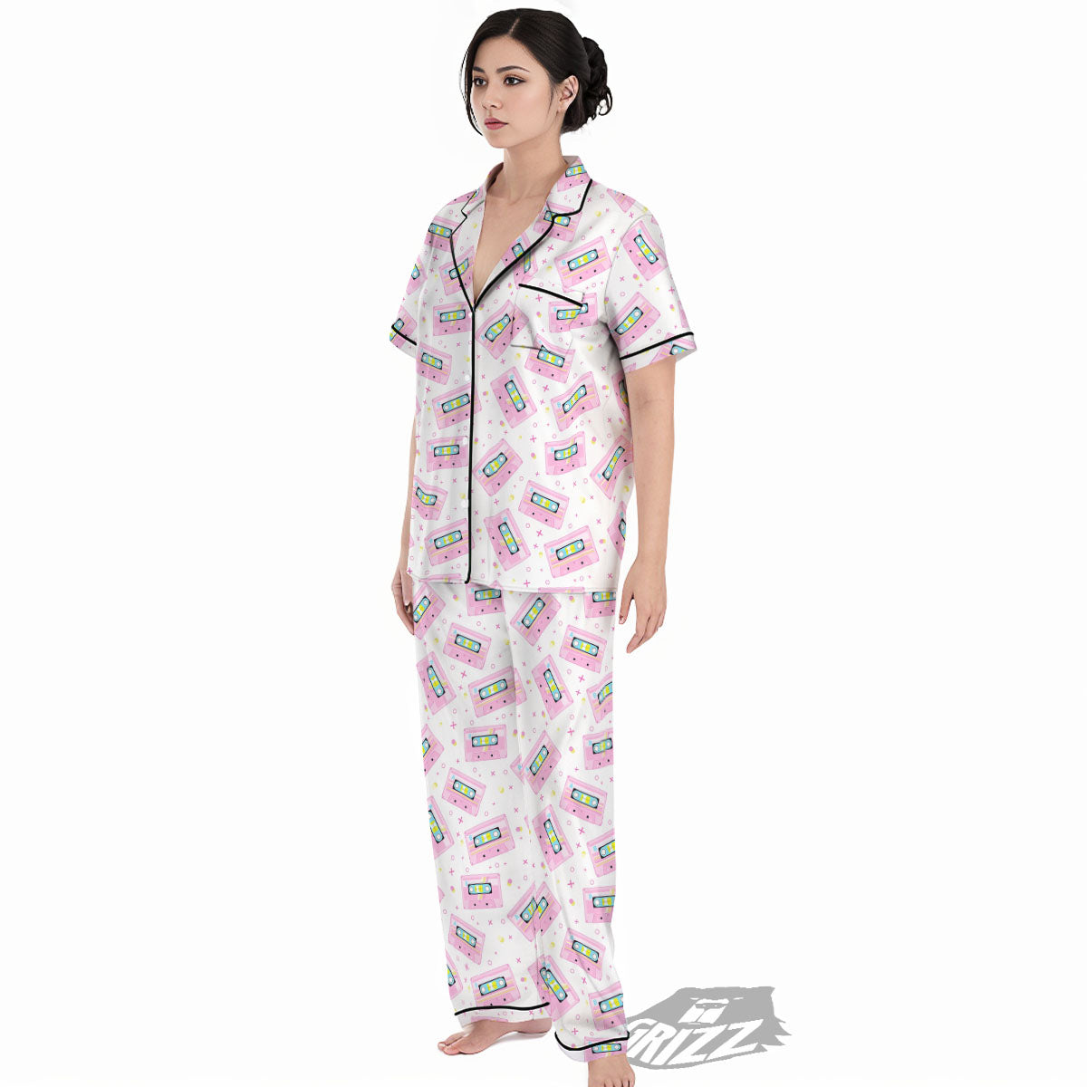 Pink Cassette Tape White Print Pattern Women's Pajamas Set-grizzshop