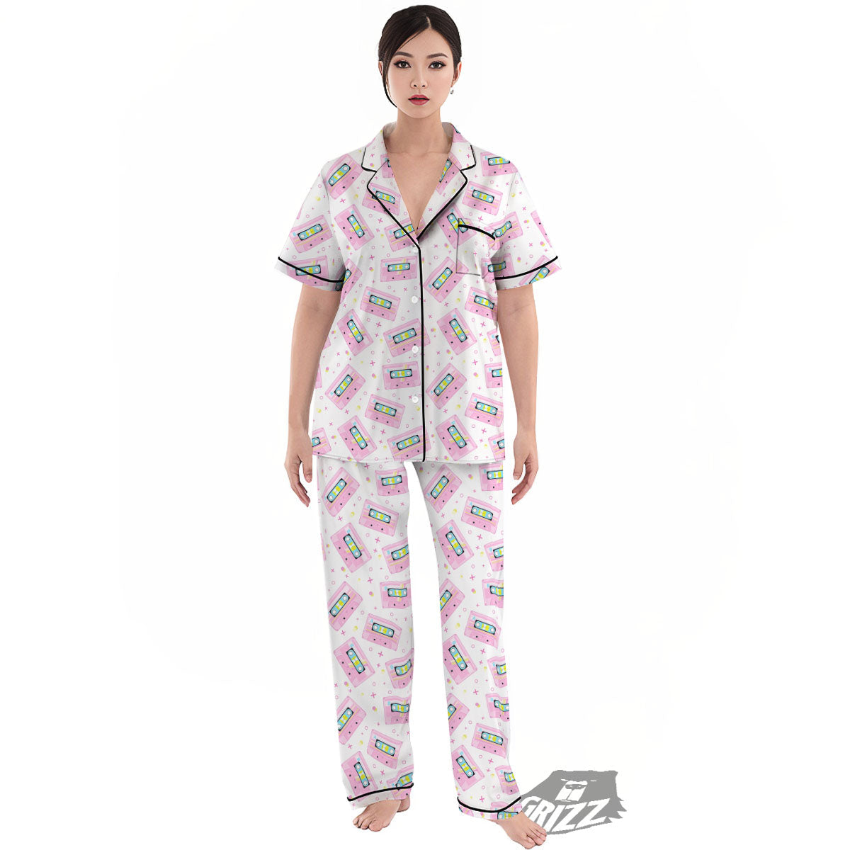Pink Cassette Tape White Print Pattern Women's Pajamas Set-grizzshop