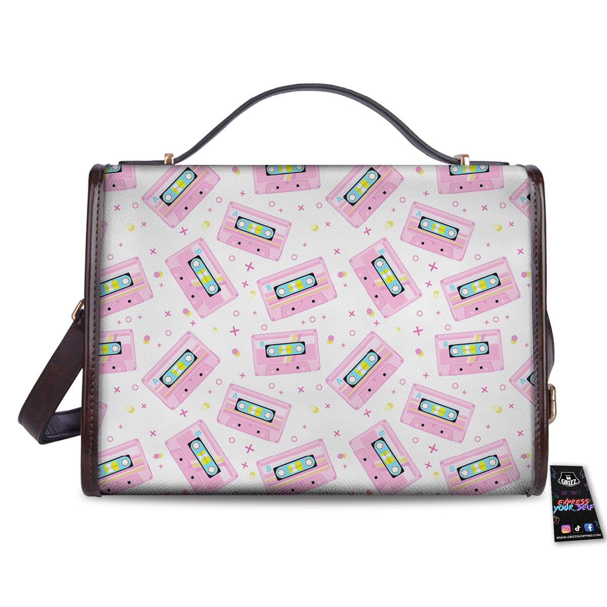 Pink Cassette Tape White Print Pattern Women's Satchel Bag-grizzshop