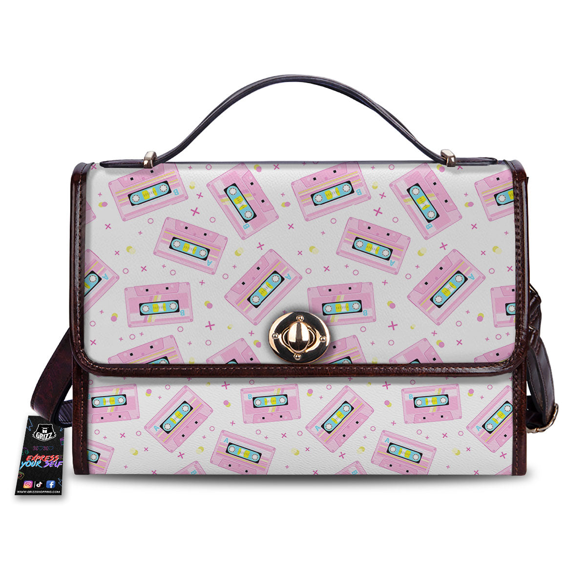 Pink Cassette Tape White Print Pattern Women's Satchel Bag-grizzshop