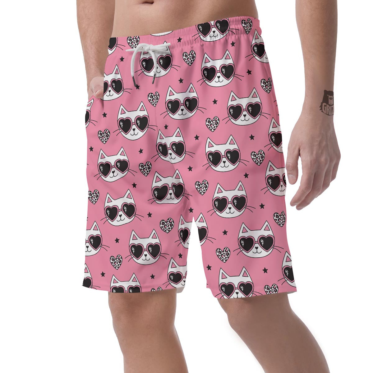 Pink Cat Print Men's Shorts-grizzshop