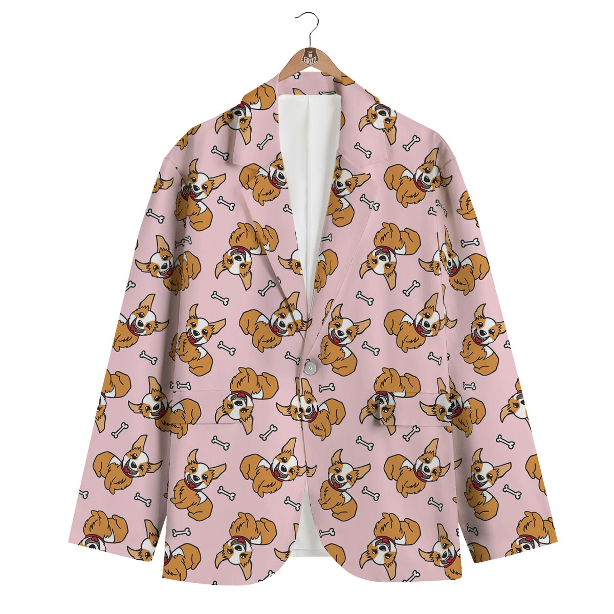 Pink Corgi Pattern Print Men's Blazer-grizzshop