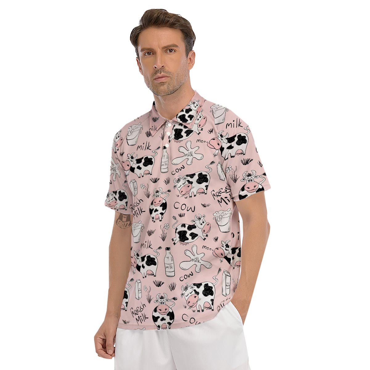 Pink Cow And Milk Print Men's Golf Shirts-grizzshop
