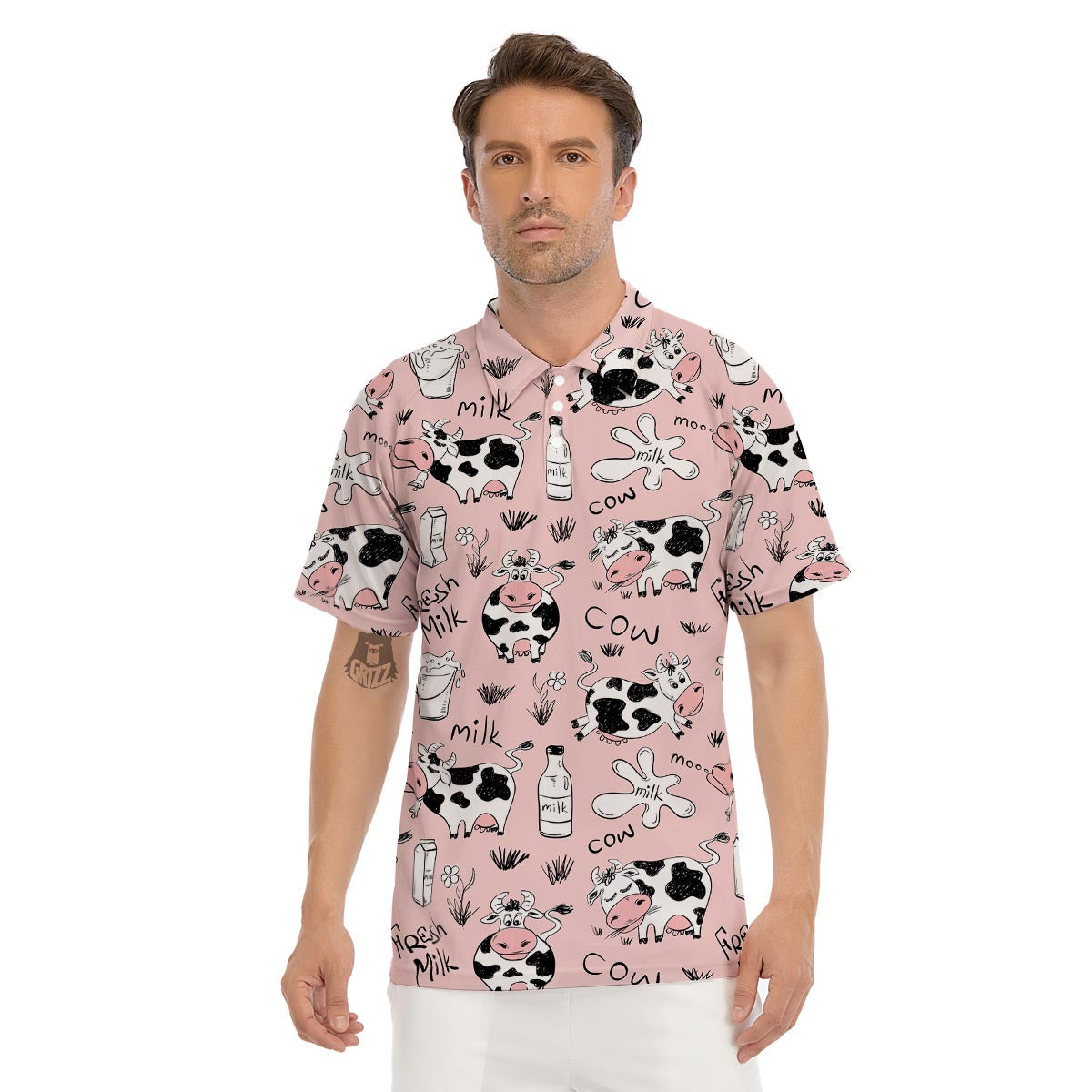 Pink Cow And Milk Print Men's Golf Shirts-grizzshop