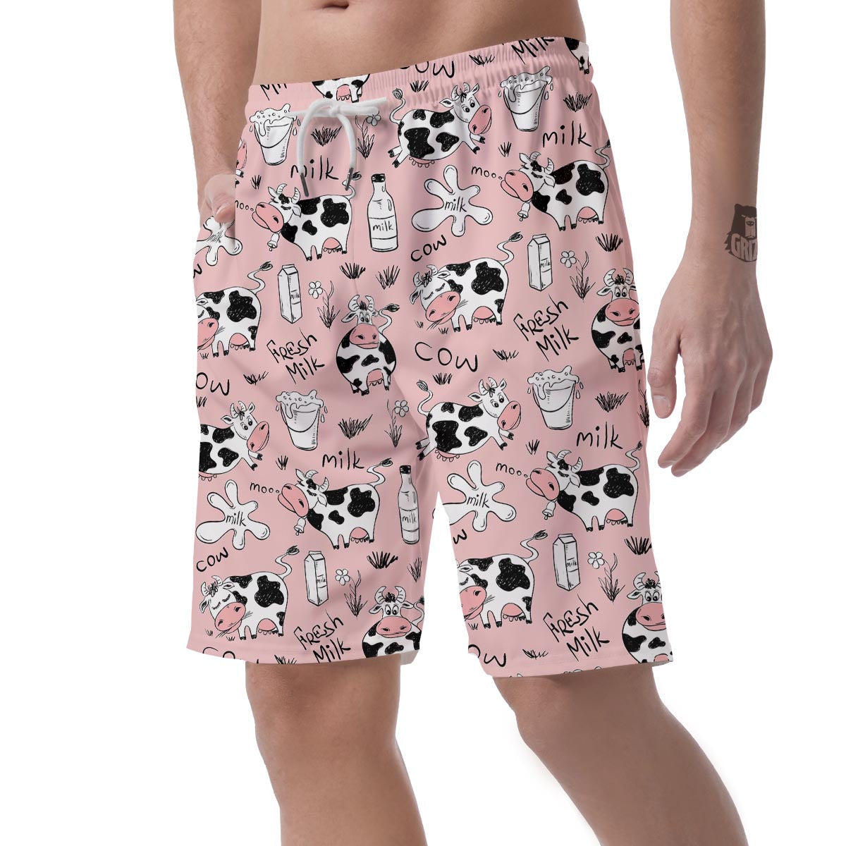 Pink Cow And Milk Print Men's Shorts-grizzshop