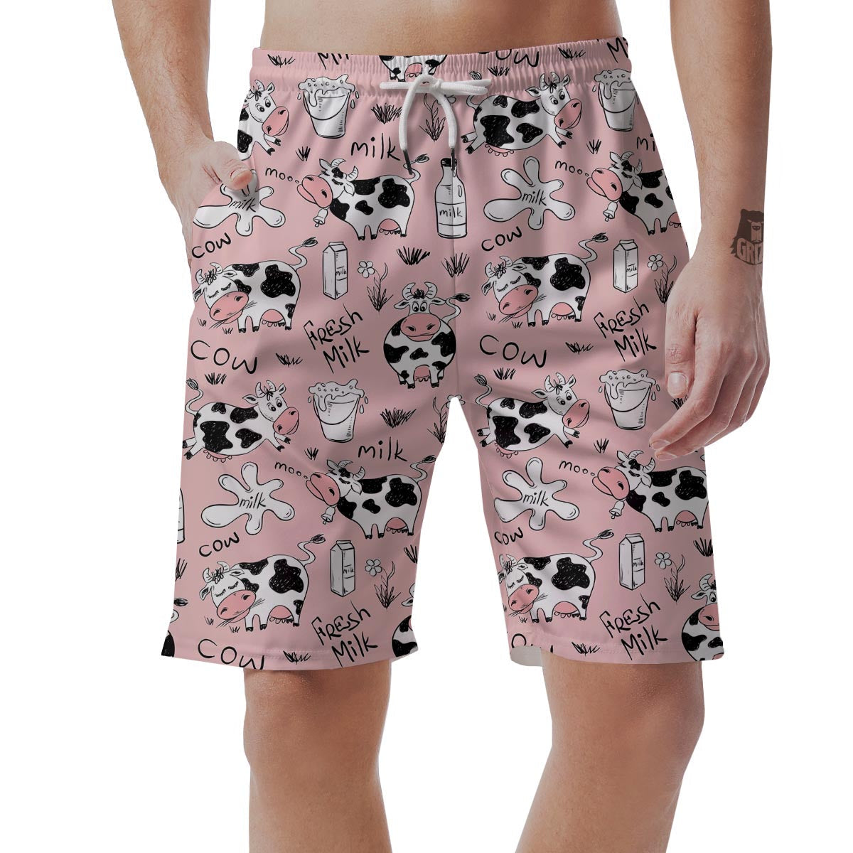 Pink Cow And Milk Print Men's Shorts-grizzshop