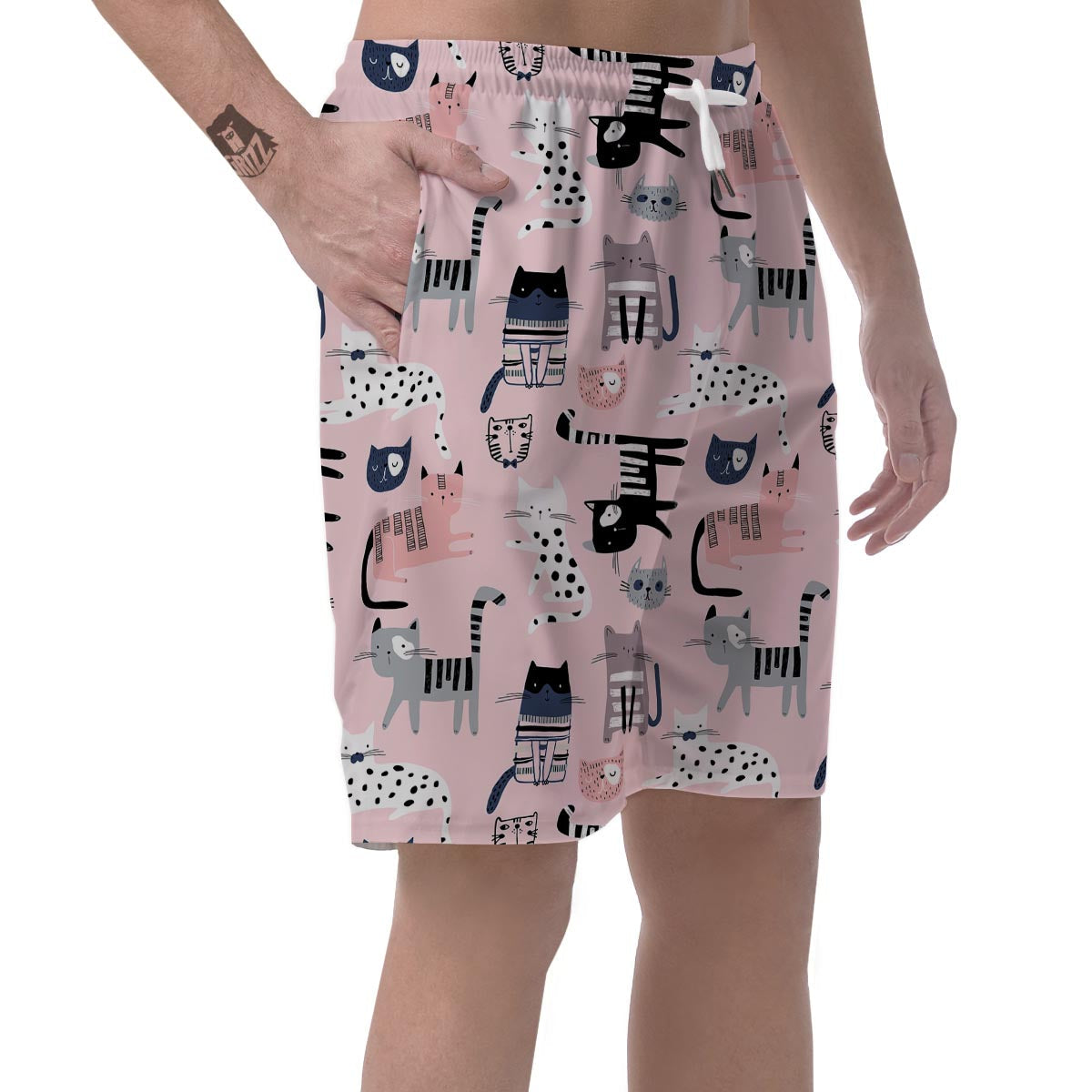 Pink Cute Cat Print Men's Shorts-grizzshop