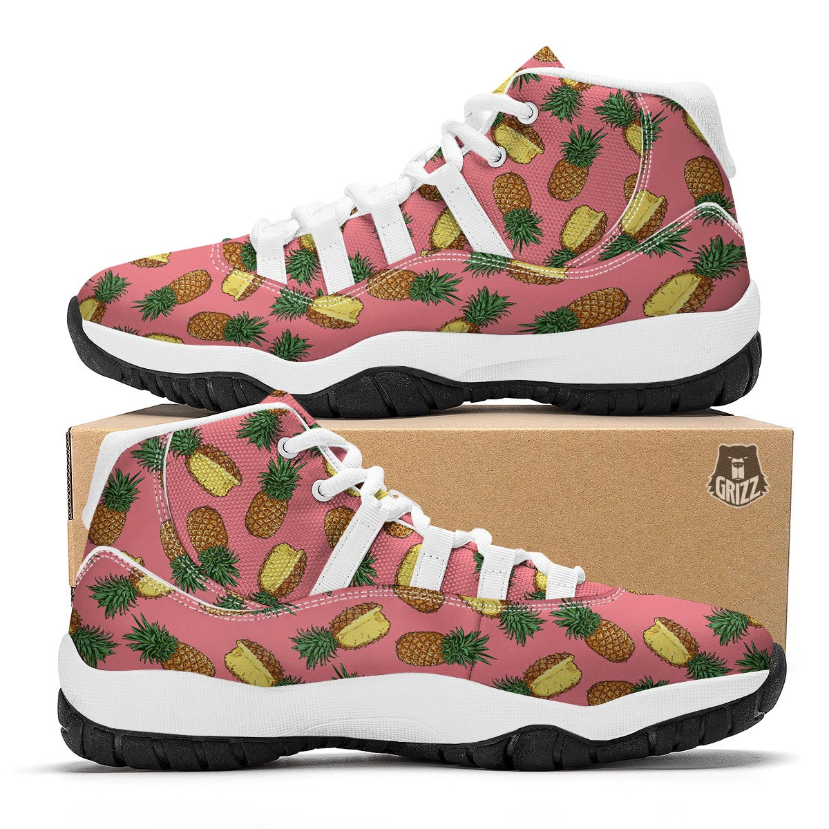 Pink Cutting Pineapple Print White Bball Shoes-grizzshop
