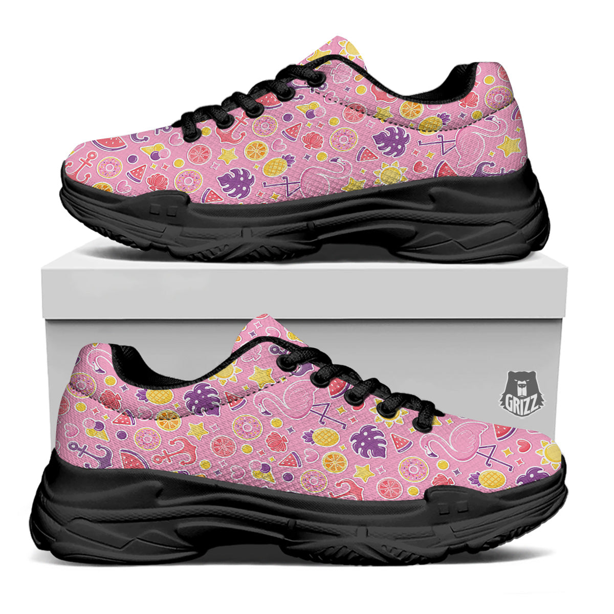 Pink Flamingo Summer Beach Print Pattern Black Chunky Shoes-grizzshop