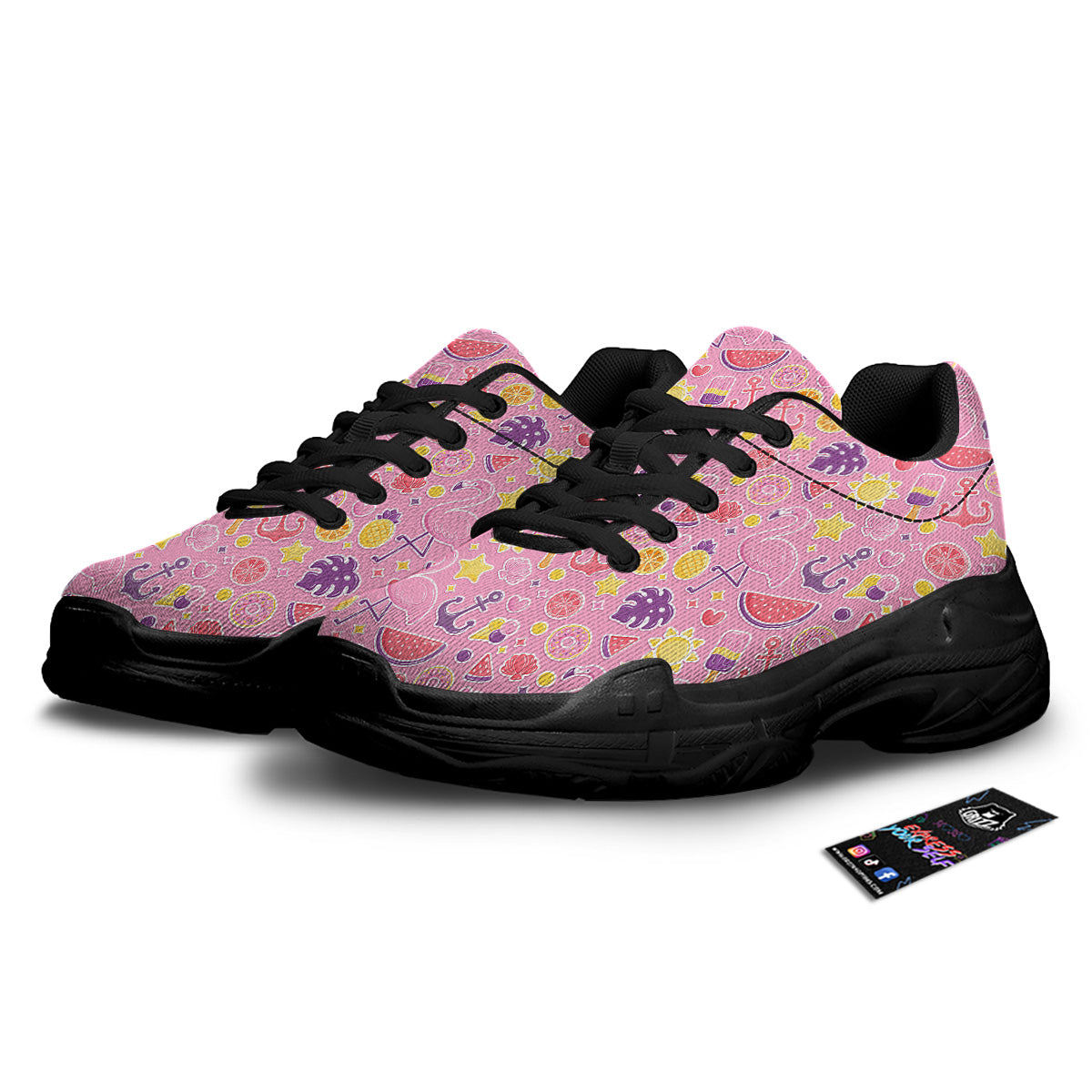 Pink Flamingo Summer Beach Print Pattern Black Chunky Shoes-grizzshop