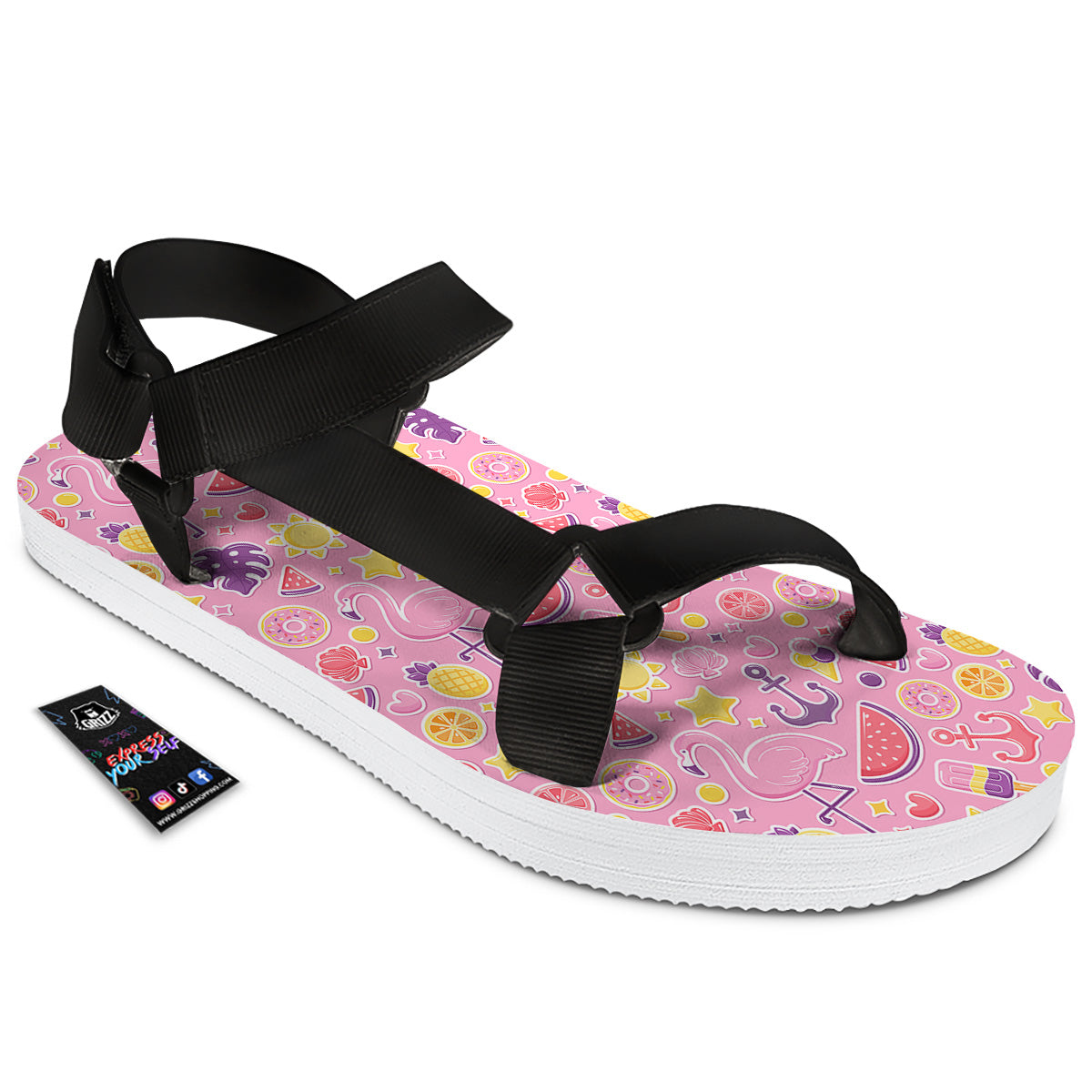 Pink Flamingo Summer Beach Print Pattern Black Open Toe Sandals-grizzshop