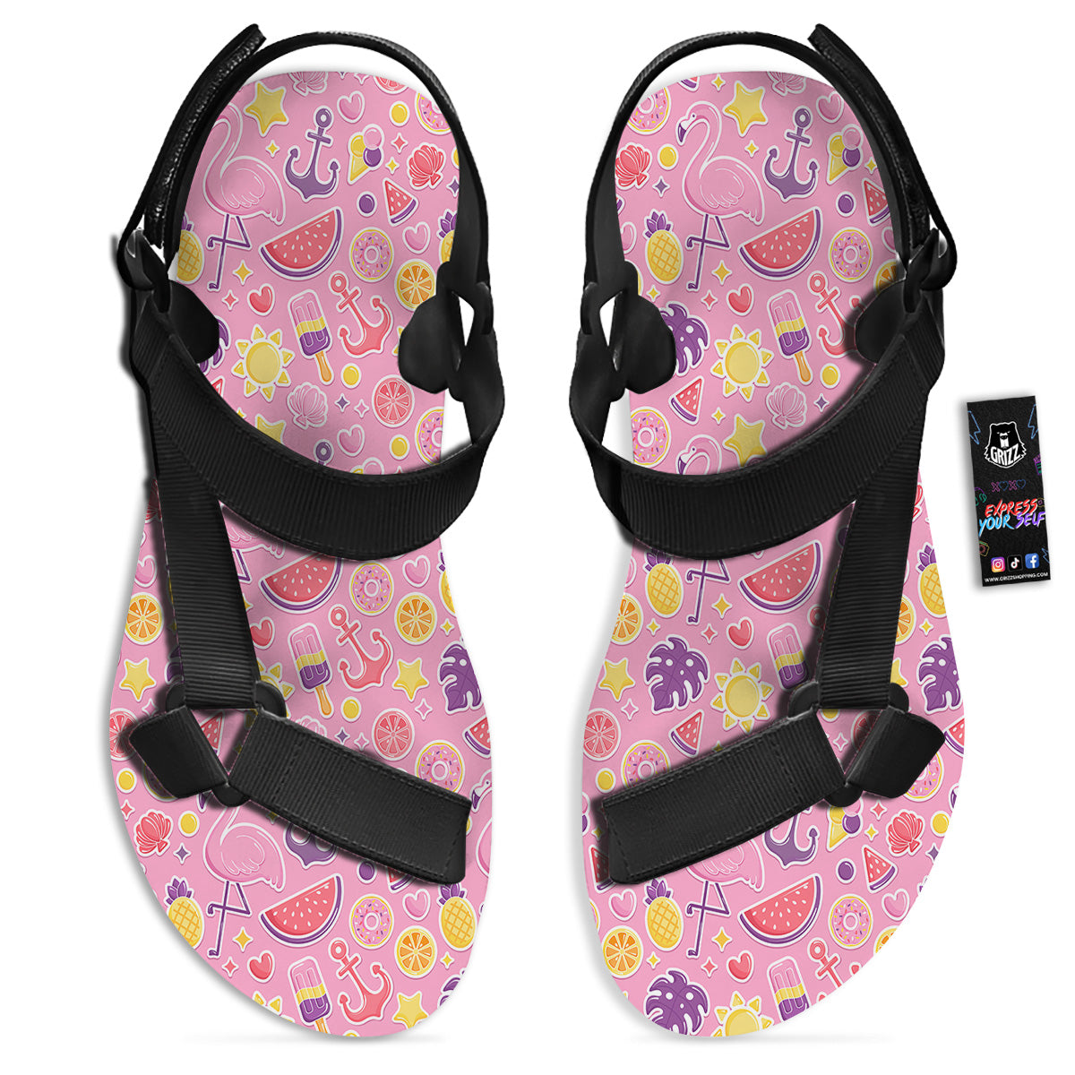 Pink Flamingo Summer Beach Print Pattern Black Open Toe Sandals-grizzshop