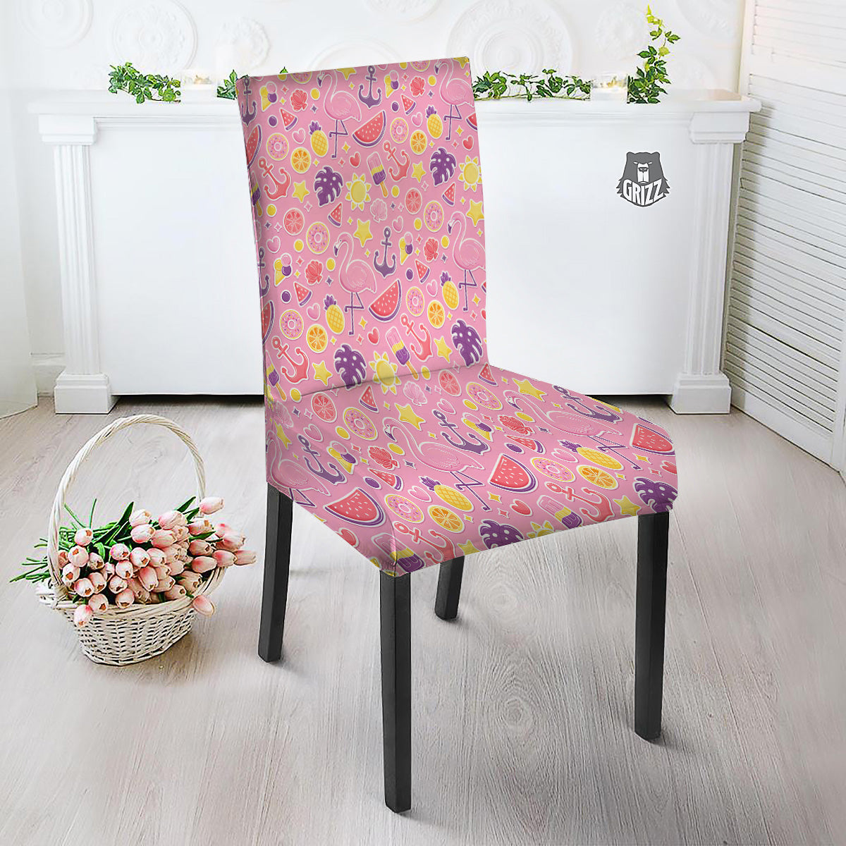 Pink Flamingo Summer Beach Print Pattern Dining Chair Slipcover-grizzshop