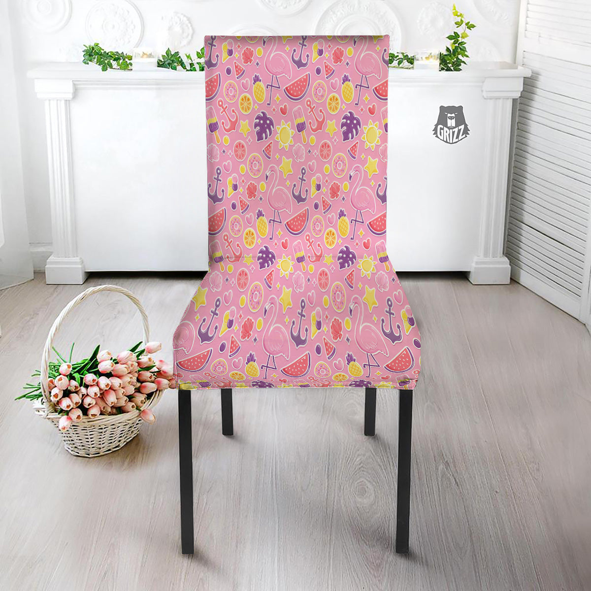 Pink Flamingo Summer Beach Print Pattern Dining Chair Slipcover-grizzshop