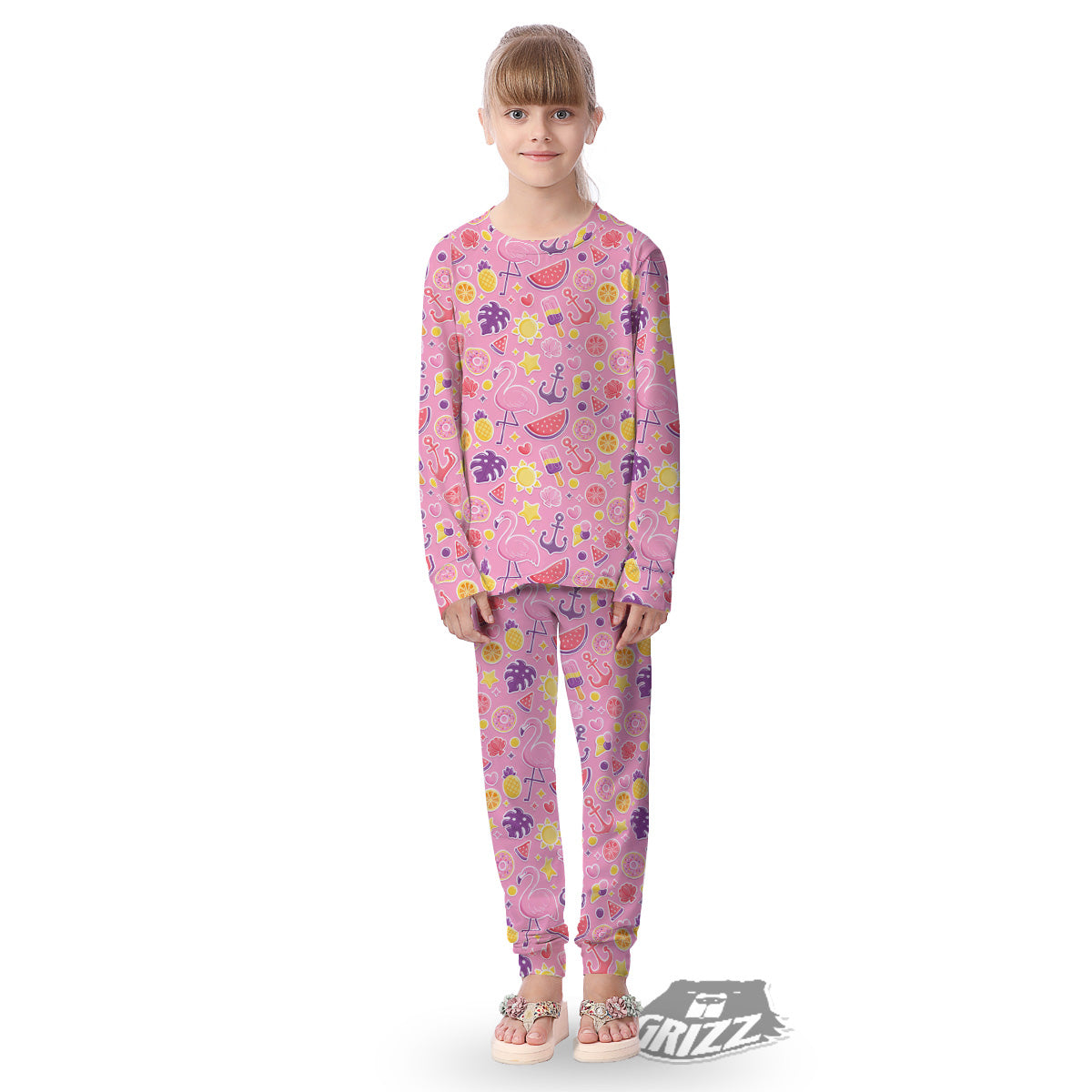 Pink Flamingo Summer Beach Print Pattern Kid's Pajamas-grizzshop