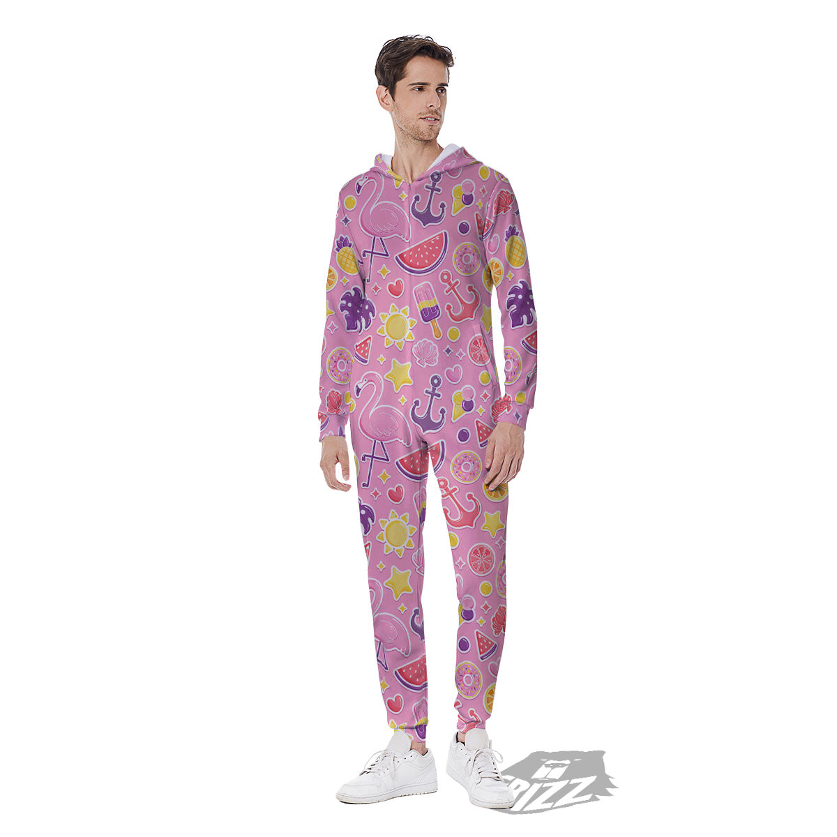 Pink Flamingo Summer Beach Print Pattern Men's Jumpsuit-grizzshop