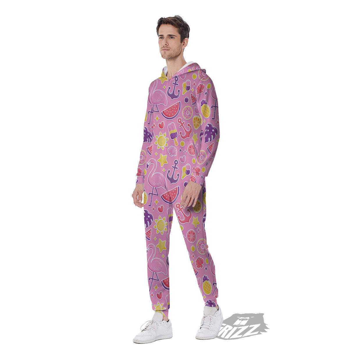 Pink Flamingo Summer Beach Print Pattern Men's Jumpsuit-grizzshop