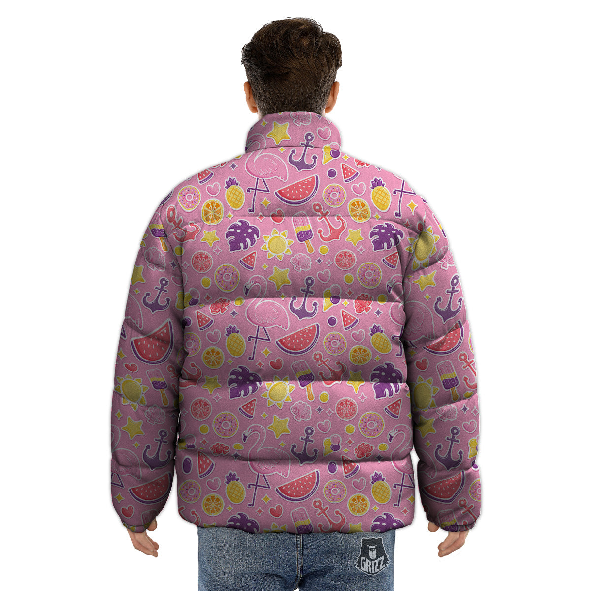 Pink Flamingo Summer Beach Print Pattern Puffer Jacket-grizzshop