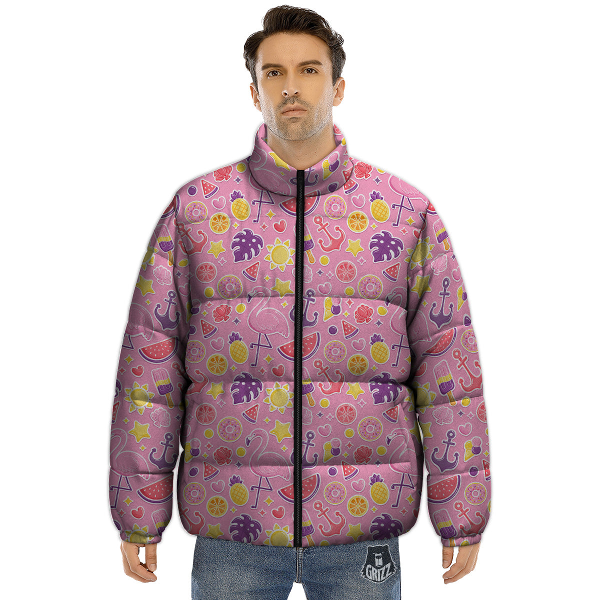 Pink Flamingo Summer Beach Print Pattern Puffer Jacket-grizzshop
