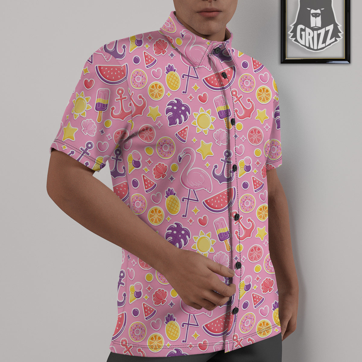 Pink Flamingo Summer Beach Print Pattern Untucked Shirts-grizzshop