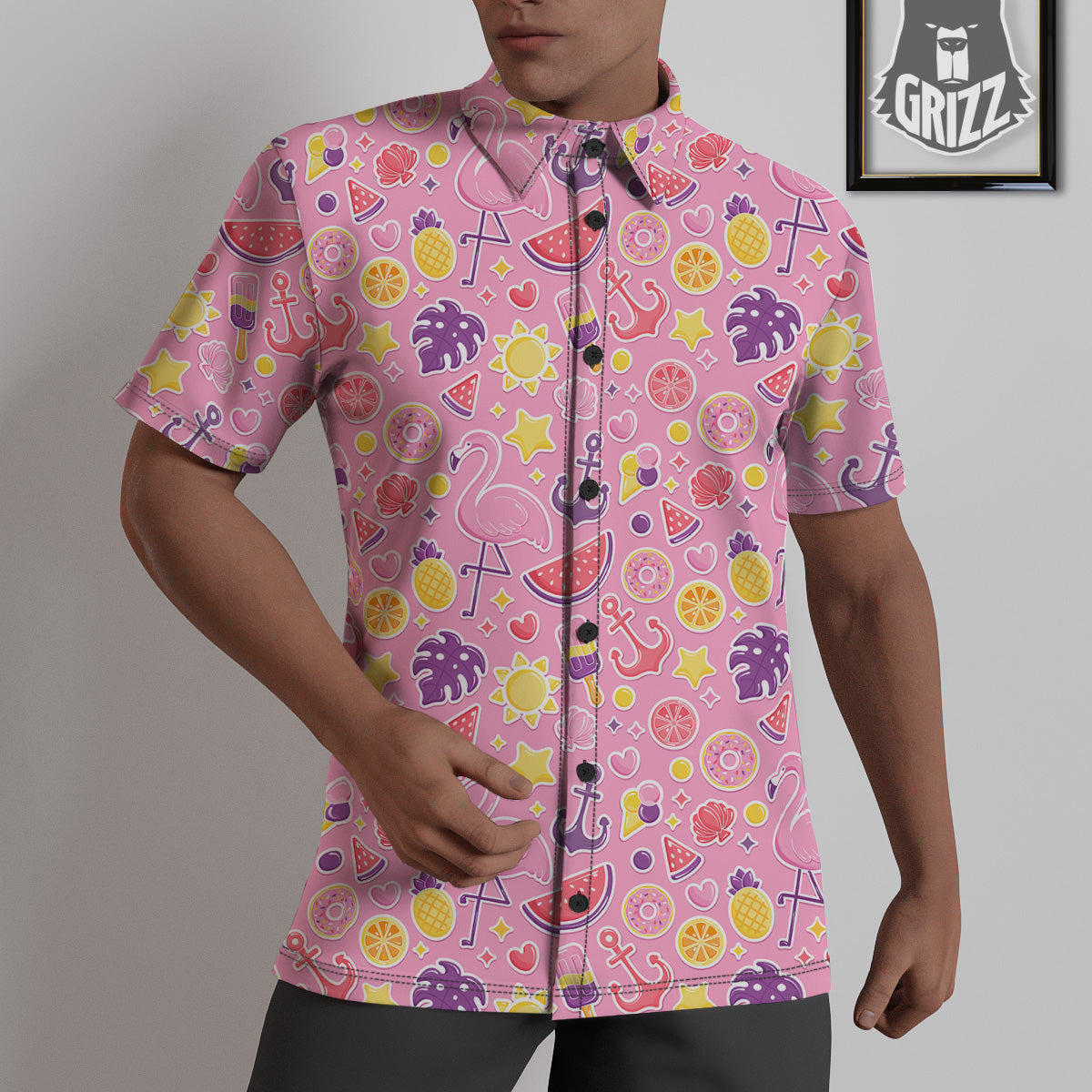 Pink Flamingo Summer Beach Print Pattern Untucked Shirts-grizzshop
