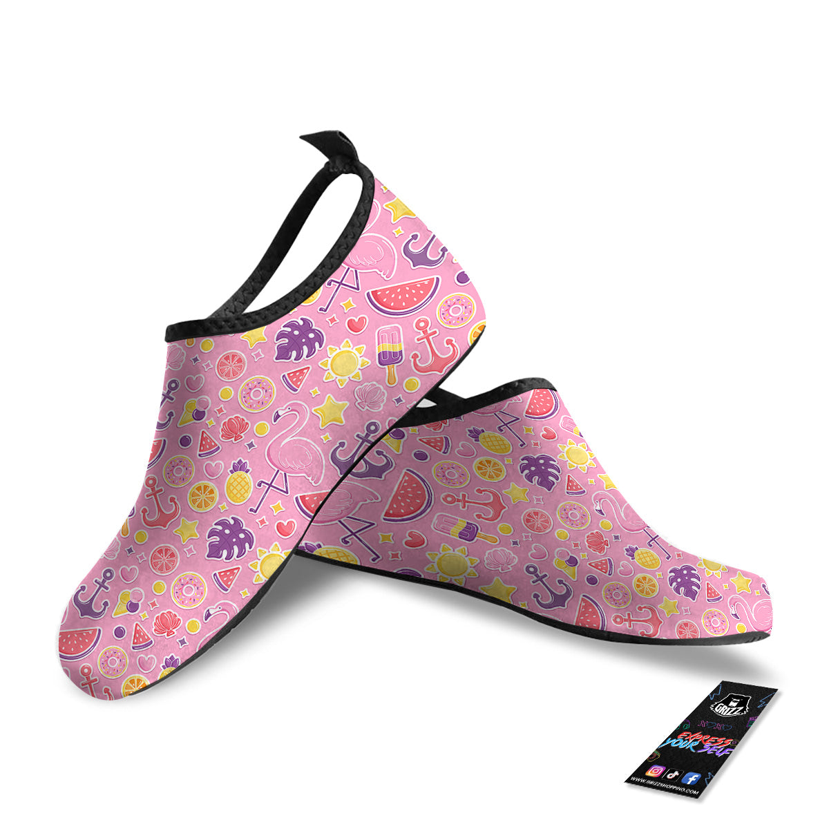 Pink Flamingo Summer Beach Print Pattern Water Shoes-grizzshop