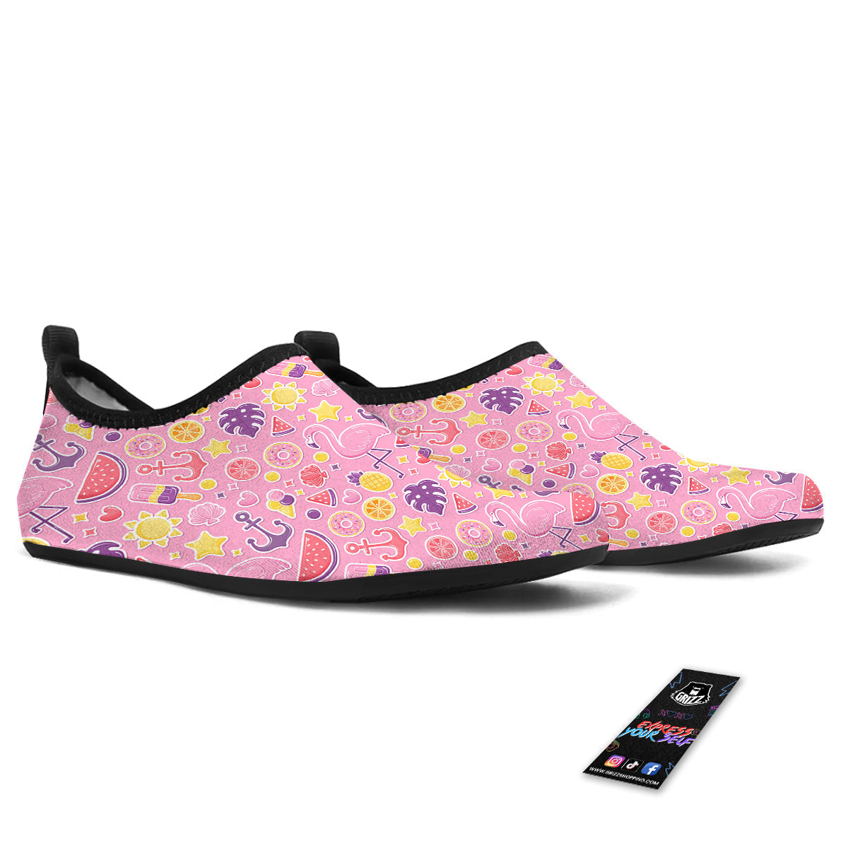 Pink Flamingo Summer Beach Print Pattern Water Shoes-grizzshop