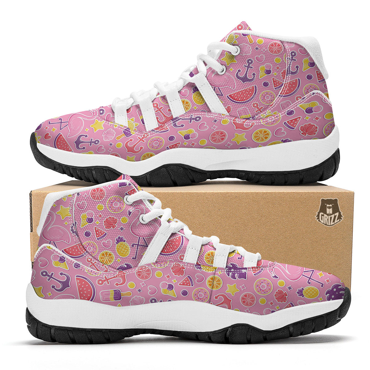 Pink Flamingo Summer Beach Print Pattern White Bball Shoes-grizzshop