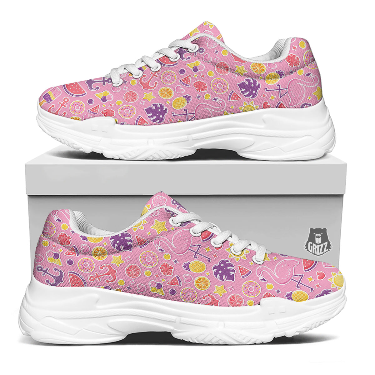 Pink Flamingo Summer Beach Print Pattern White Chunky Shoes-grizzshop