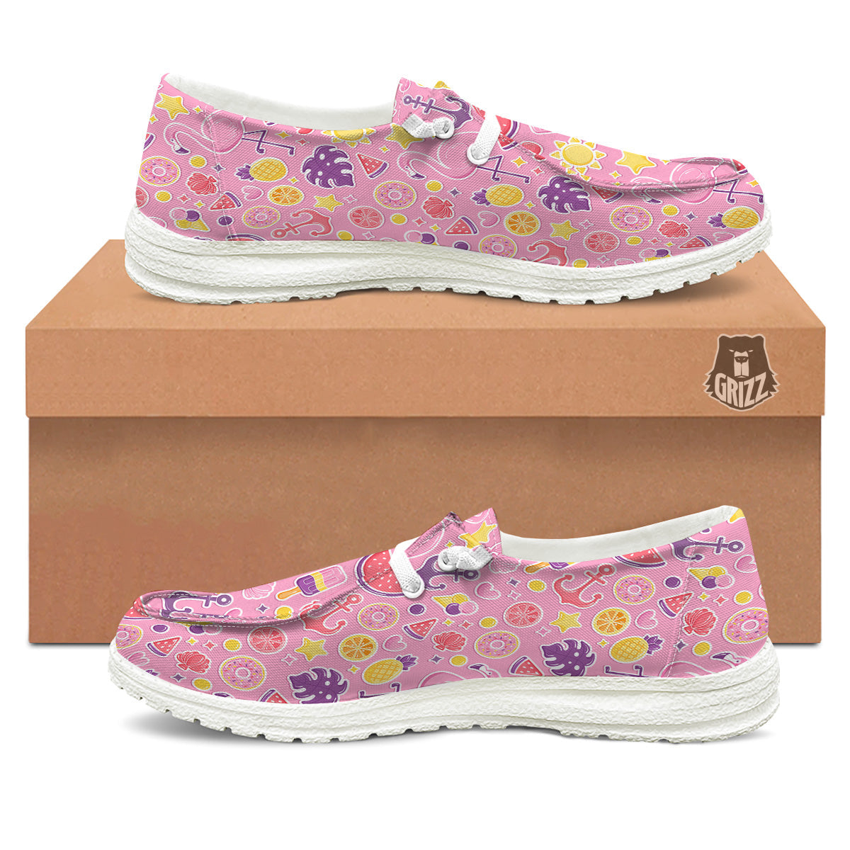 Pink Flamingo Summer Beach Print Pattern White Loafers-grizzshop