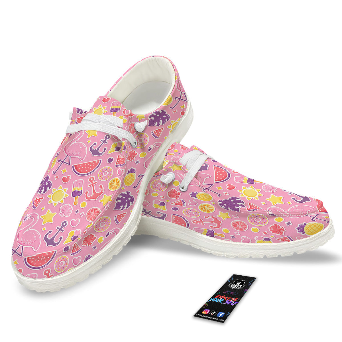 Pink Flamingo Summer Beach Print Pattern White Loafers-grizzshop