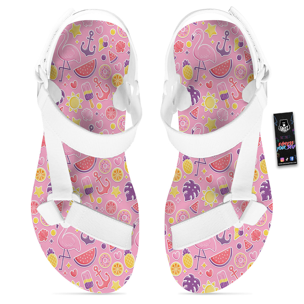 Pink Flamingo Summer Beach Print Pattern White Open Toe Sandals-grizzshop