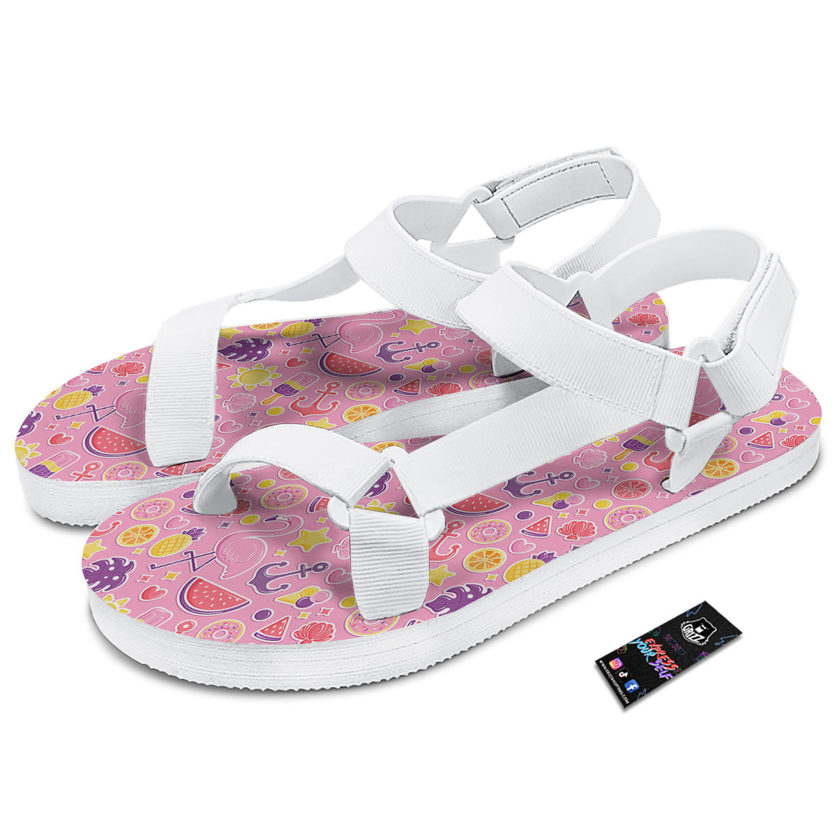 Pink Flamingo Summer Beach Print Pattern White Open Toe Sandals-grizzshop