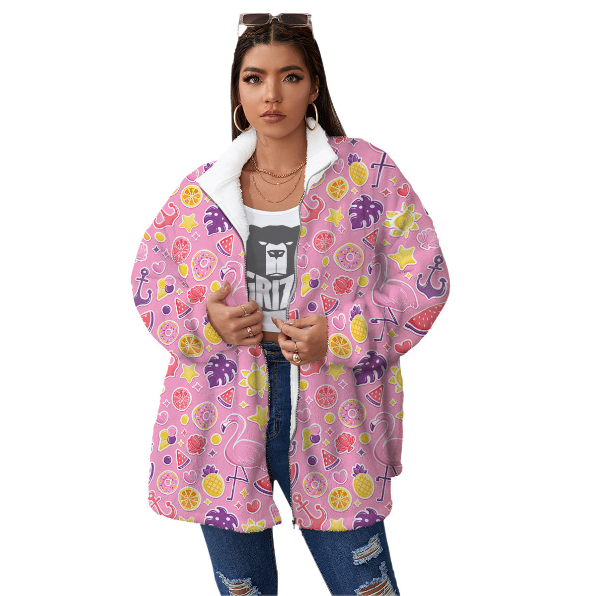 Pink Flamingo Summer Beach Print Pattern Women's Sherpa Jacket-grizzshop