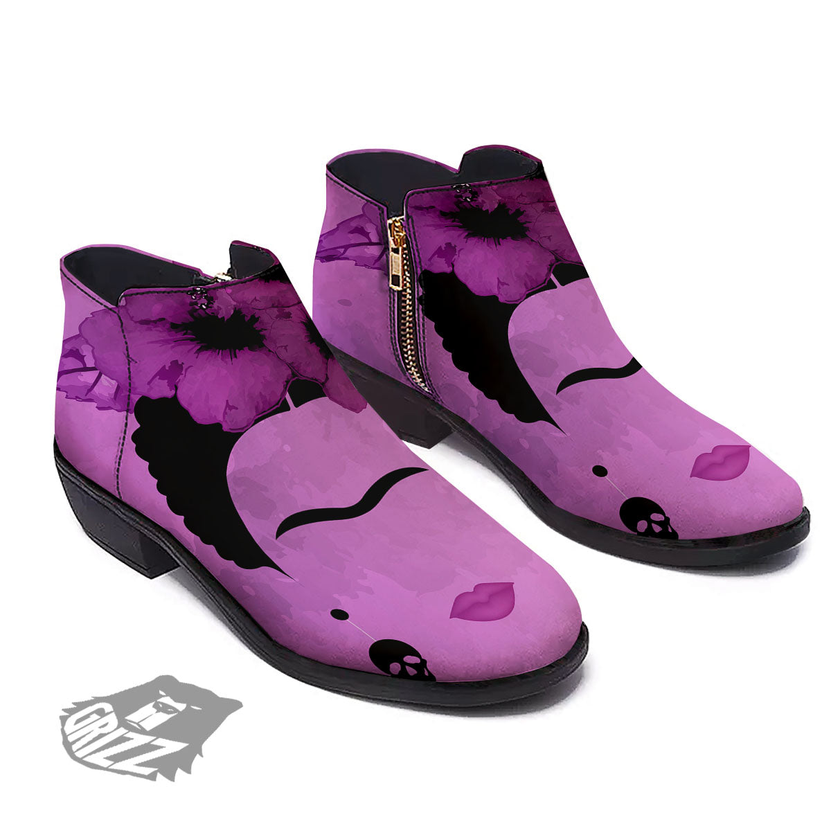 Pink Floral And Frida Kahlo Print Ankle Boots-grizzshop