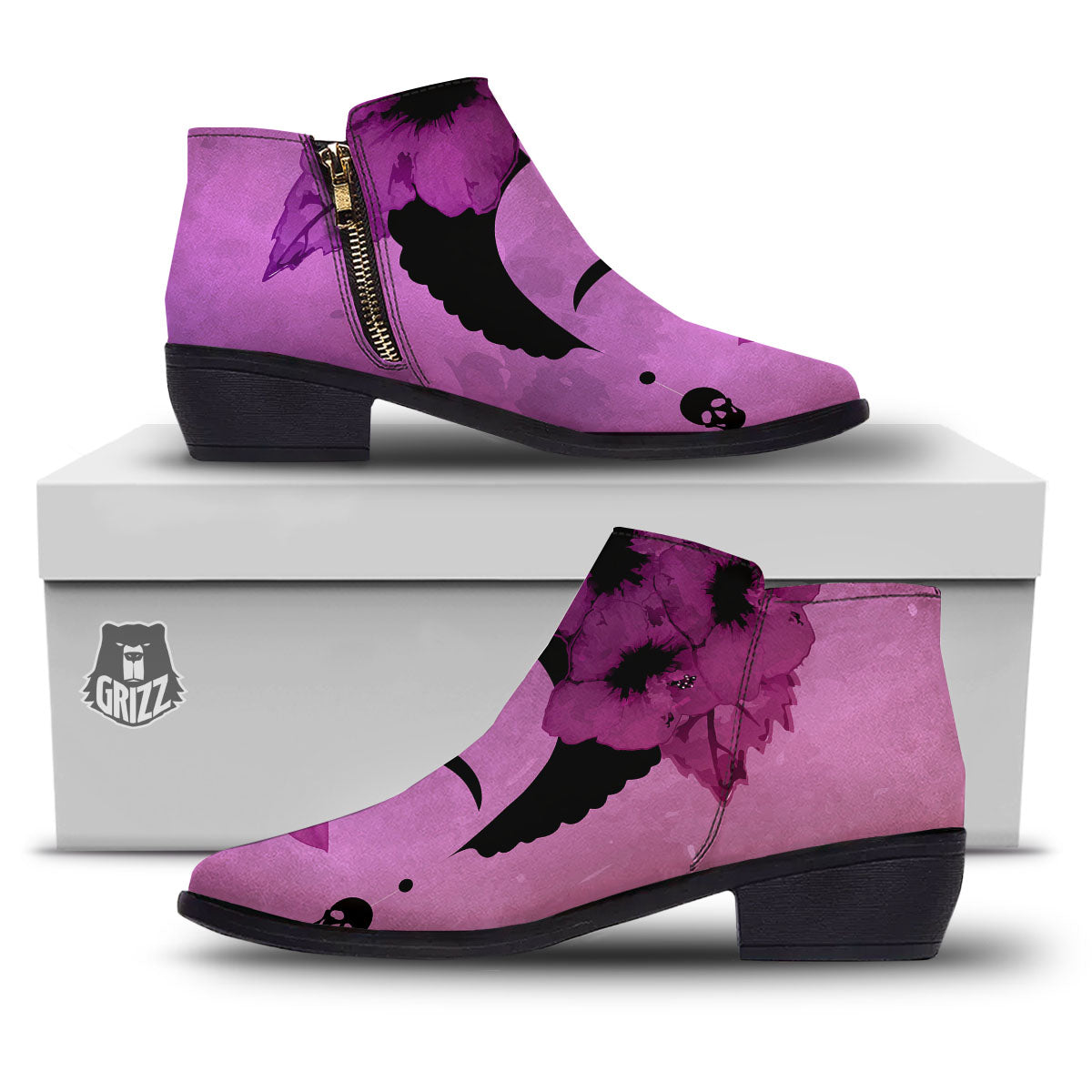 Pink Floral And Frida Kahlo Print Ankle Boots-grizzshop