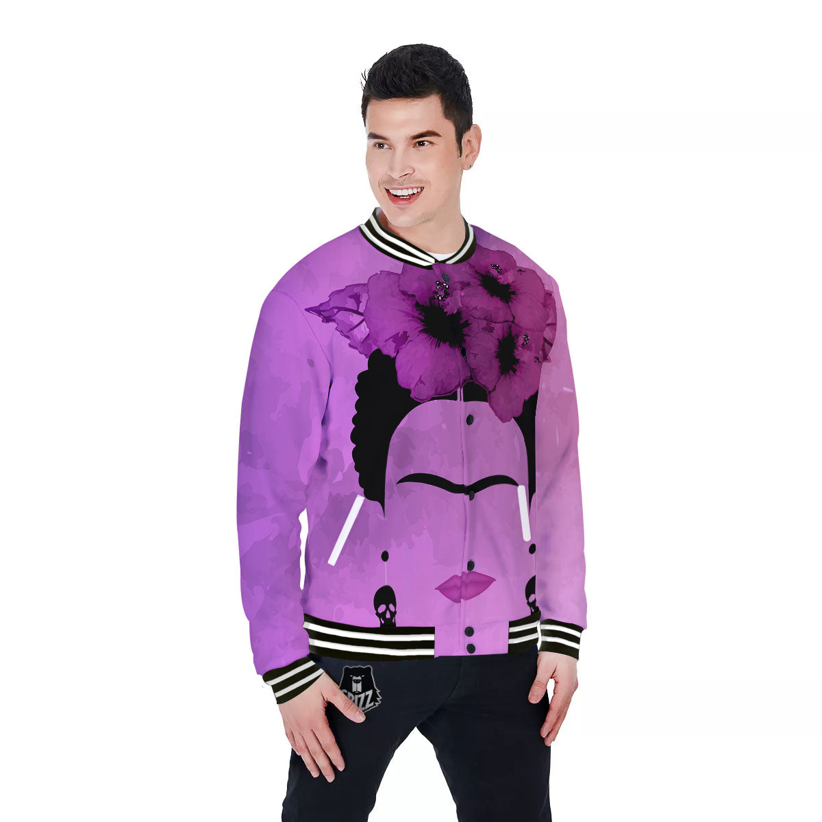 Pink Floral And Frida Kahlo Print Baseball Jacket-grizzshop
