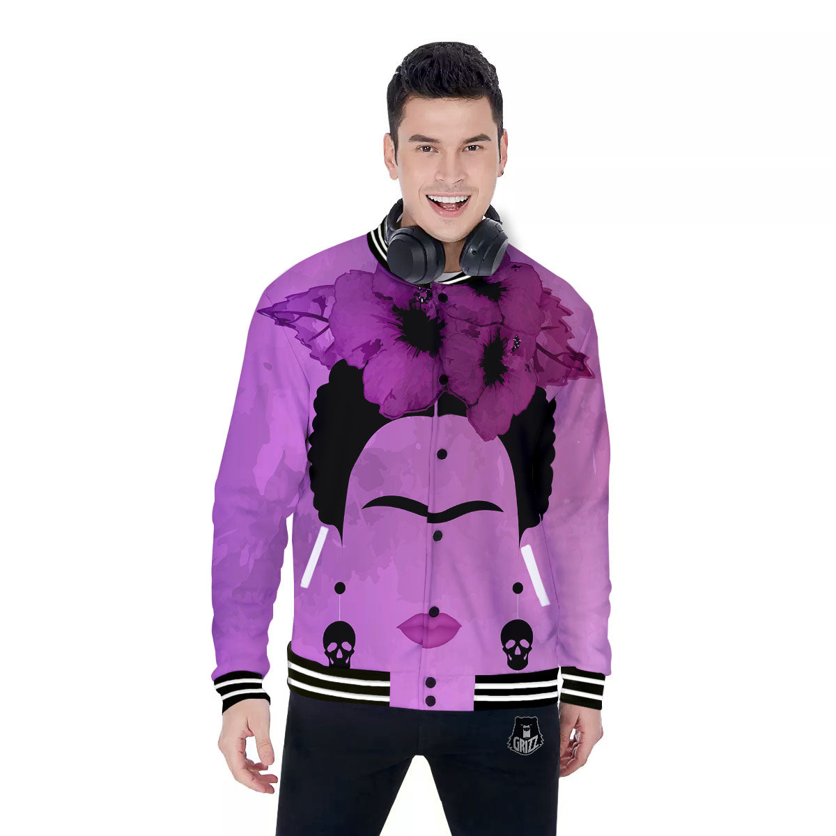 Pink Floral And Frida Kahlo Print Baseball Jacket-grizzshop