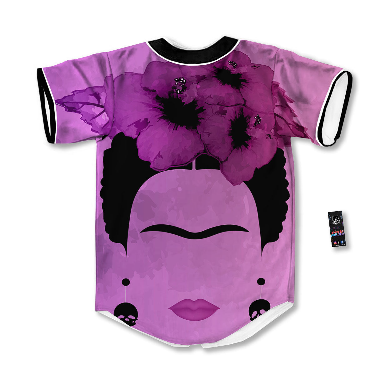 Pink Floral And Frida Kahlo Print Baseball Jersey-grizzshop
