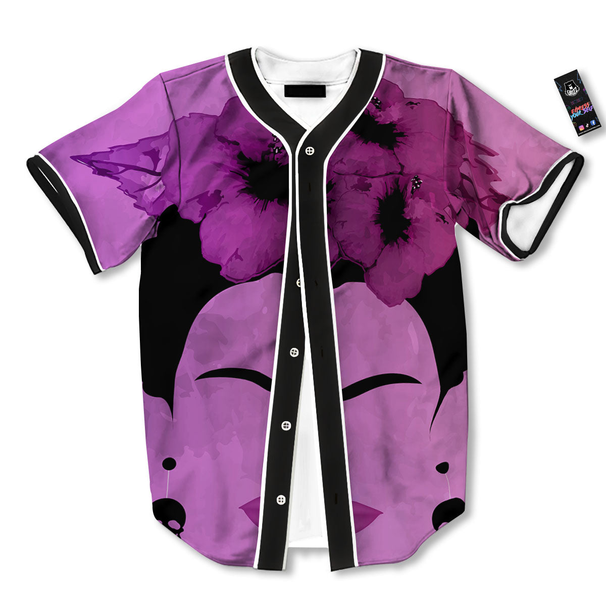 Pink Floral And Frida Kahlo Print Baseball Jersey-grizzshop