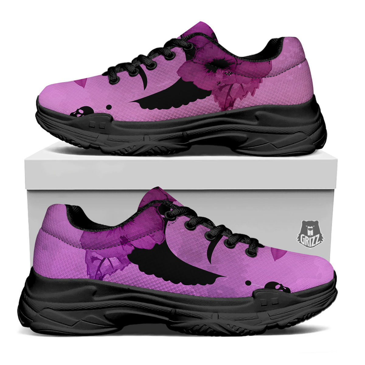 Pink Floral And Frida Kahlo Print Black Chunky Shoes-grizzshop