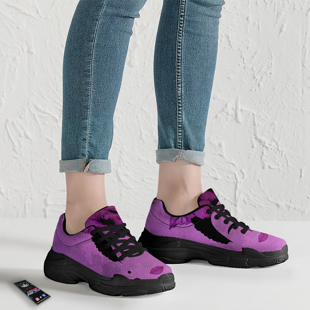 Pink Floral And Frida Kahlo Print Black Chunky Shoes-grizzshop