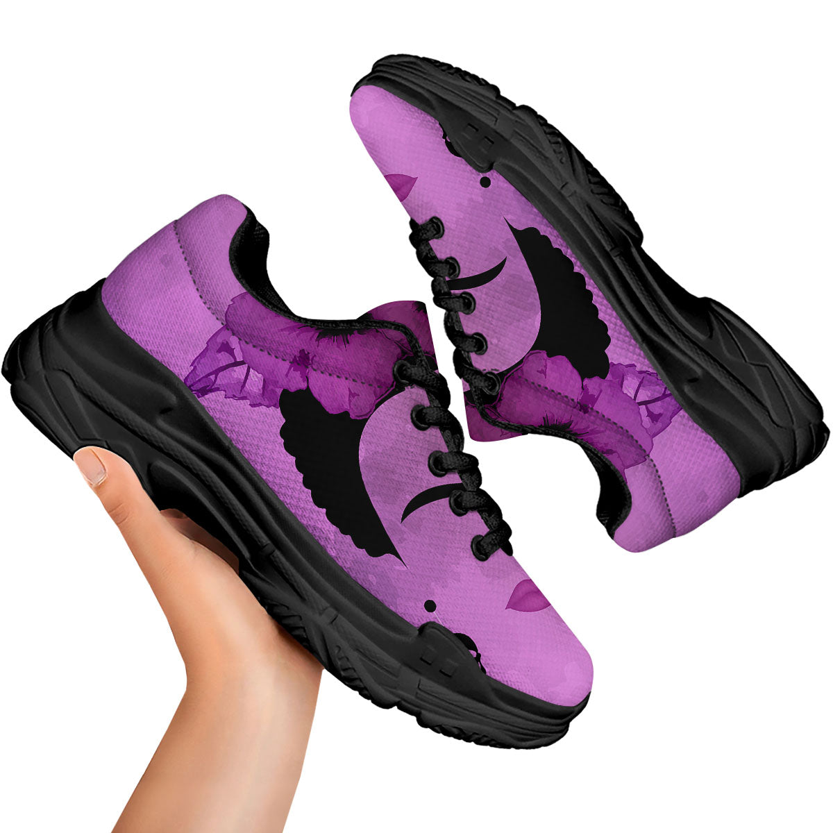 Pink Floral And Frida Kahlo Print Black Chunky Shoes-grizzshop