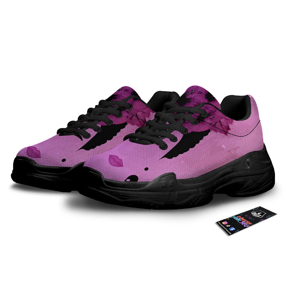 Pink Floral And Frida Kahlo Print Black Chunky Shoes-grizzshop