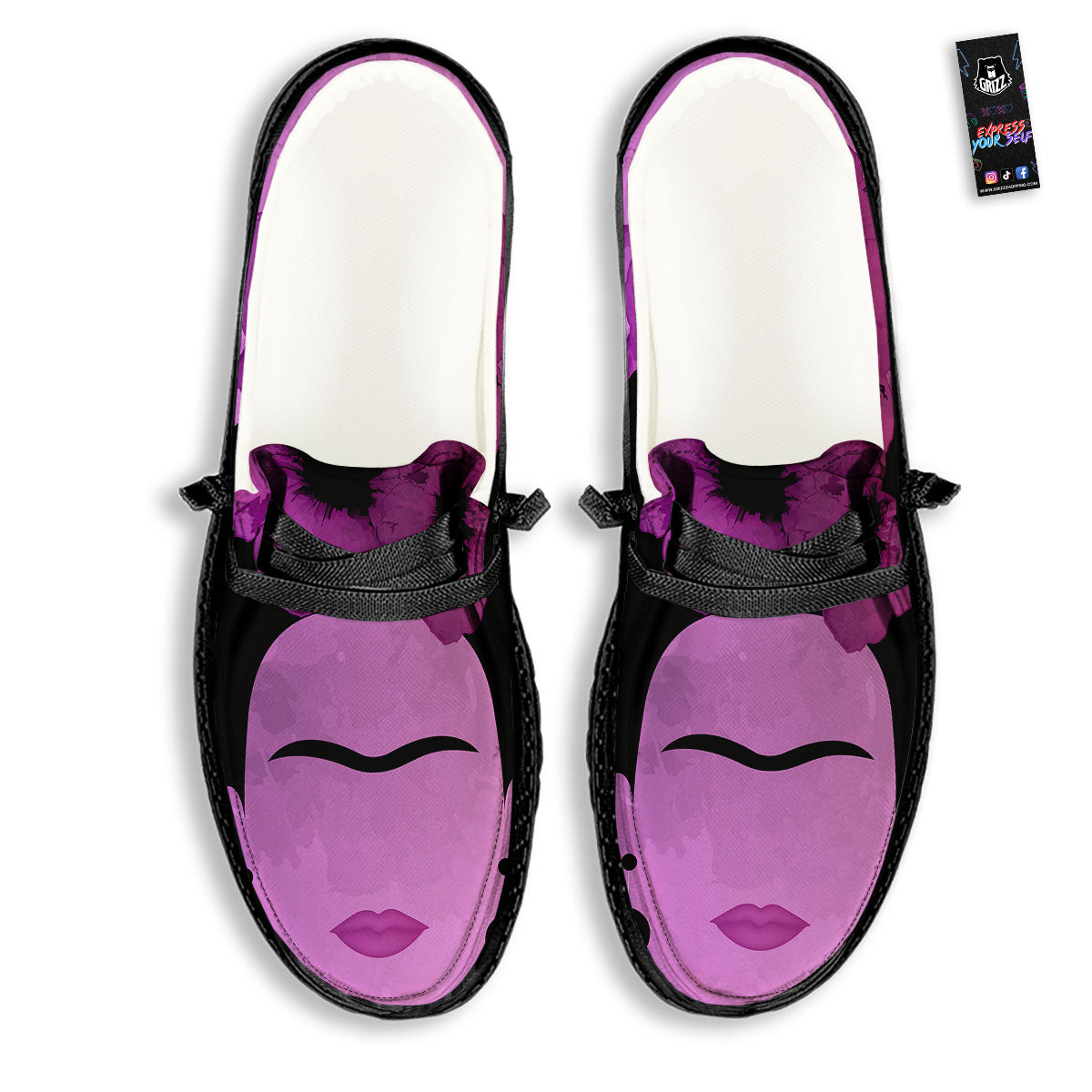 Pink Floral And Frida Kahlo Print Black Loafers-grizzshop