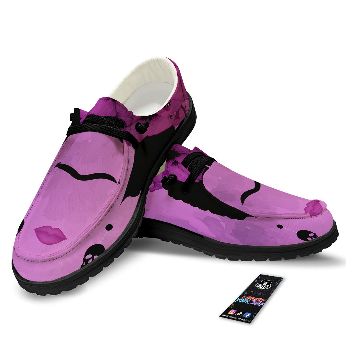 Pink Floral And Frida Kahlo Print Black Loafers-grizzshop