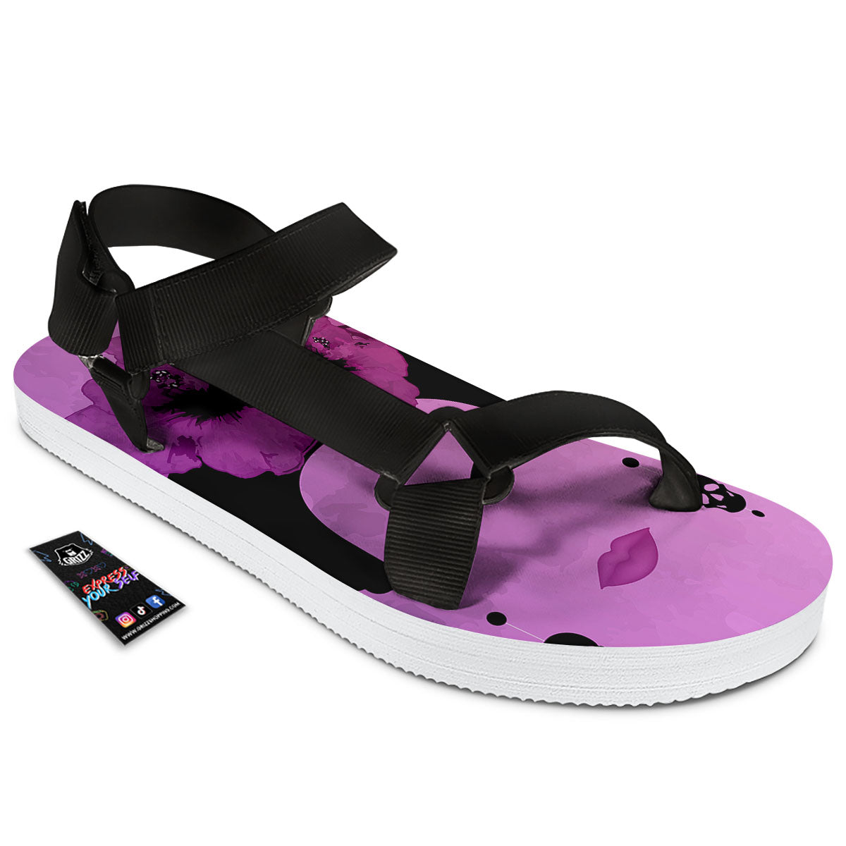 Pink Floral And Frida Kahlo Print Black Open Toe Sandals-grizzshop